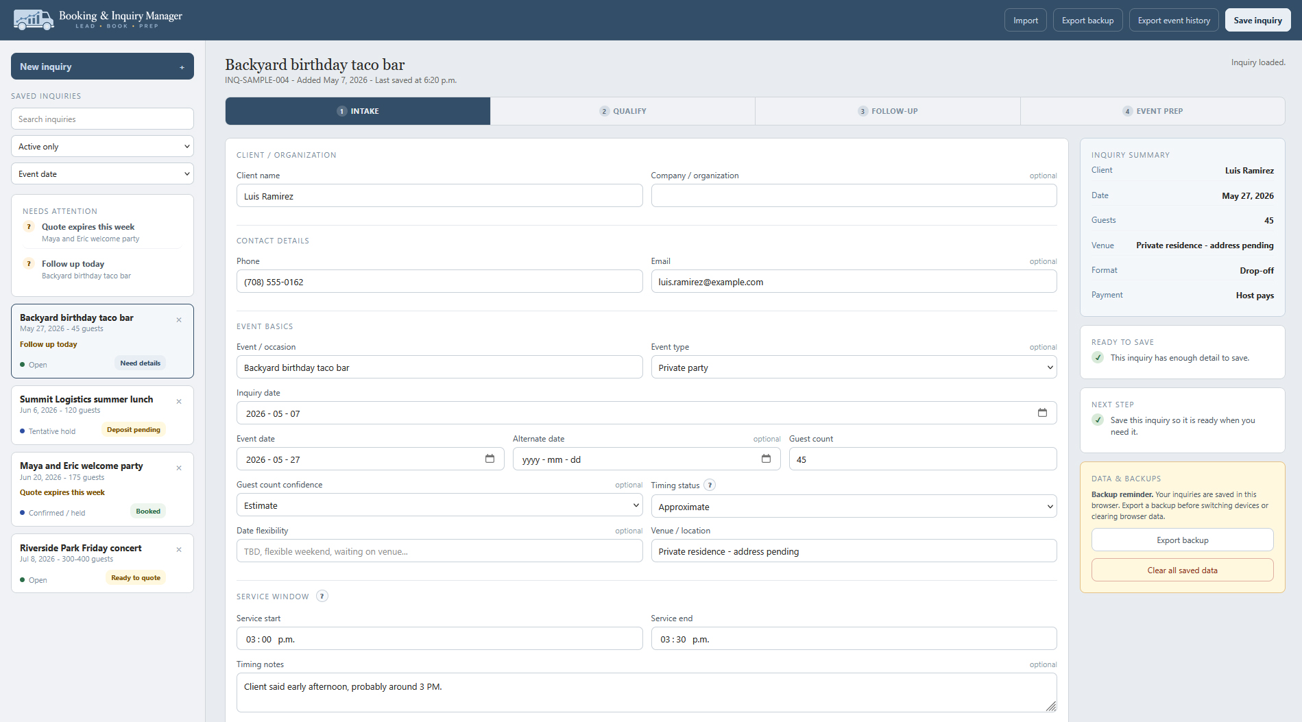 Booking and inquiry manager preview