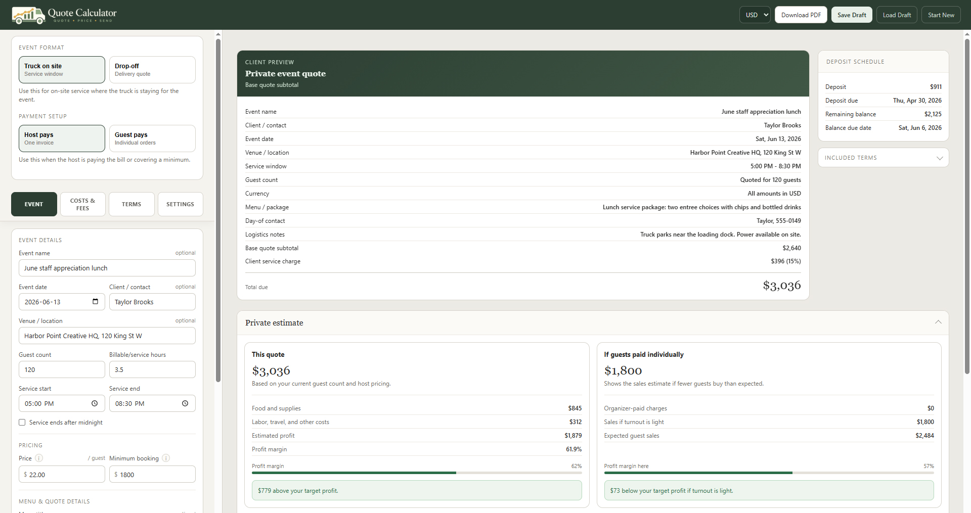 Catering and private event quote calculator preview