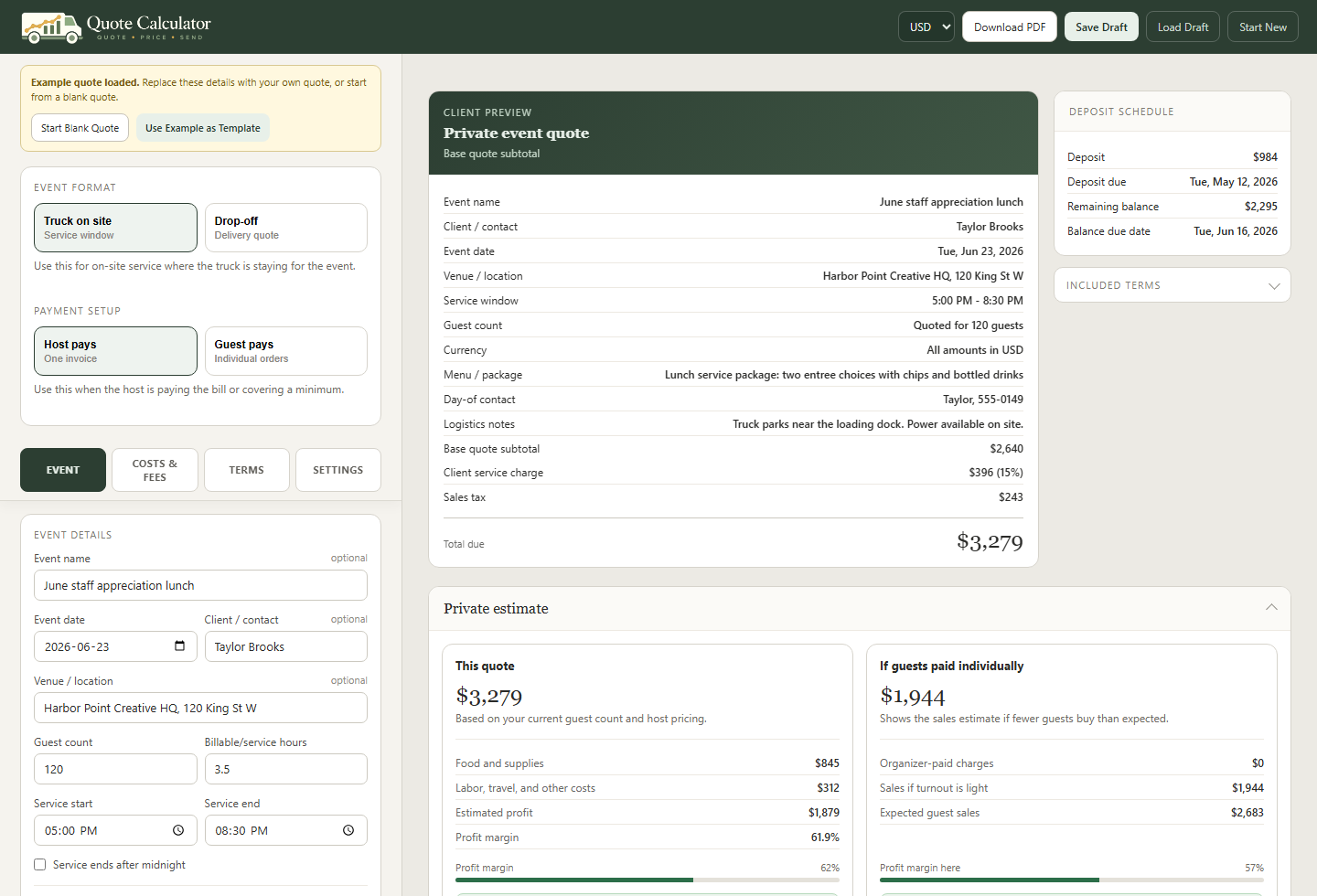 Food Truck ROI Quote Calculator showing a private event quote, deposit schedule, event details, and estimated profit.
